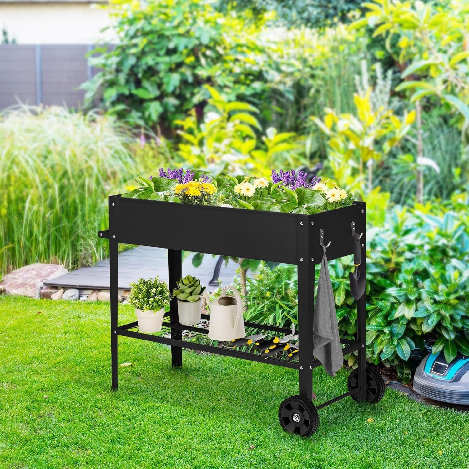 KOMFOTTEU Hochbeet Gartenbeet, mit Bodenregal, Griff, Haken & Drainageloch