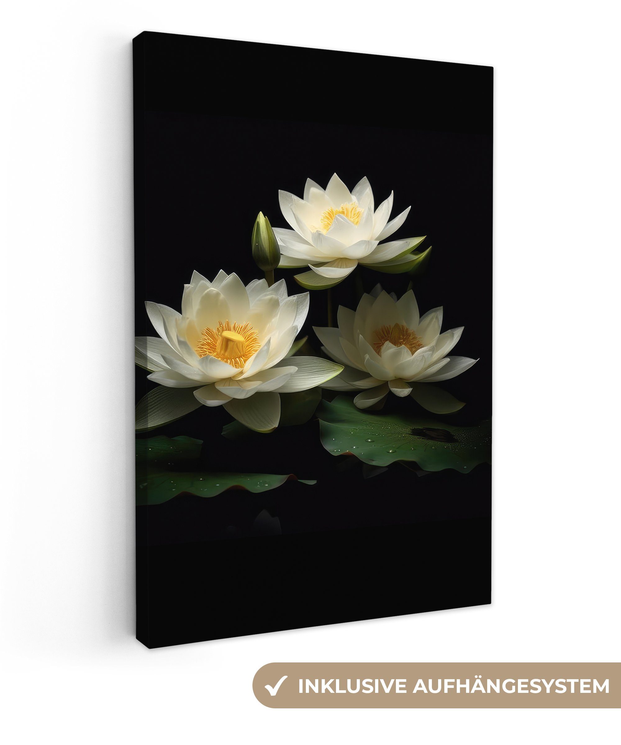 OneMillionCanvasses® Leinwandbild Lotus - Blumen - Weiß - Natur - Schwarz, (1 St), Leinwandbild fertig bespannt inkl. Zackenaufhänger, Gemälde, 20x30 cm | Leinwandbilder