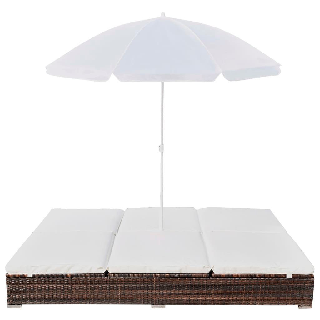 furnicato Bett Rattan-Sonnenliege für 2 Personen 197x140x190 cm Braun mit Cremeweiß, Witterungsbeständige Chaiselongue mit UV-Schirm und 7 Positionen
