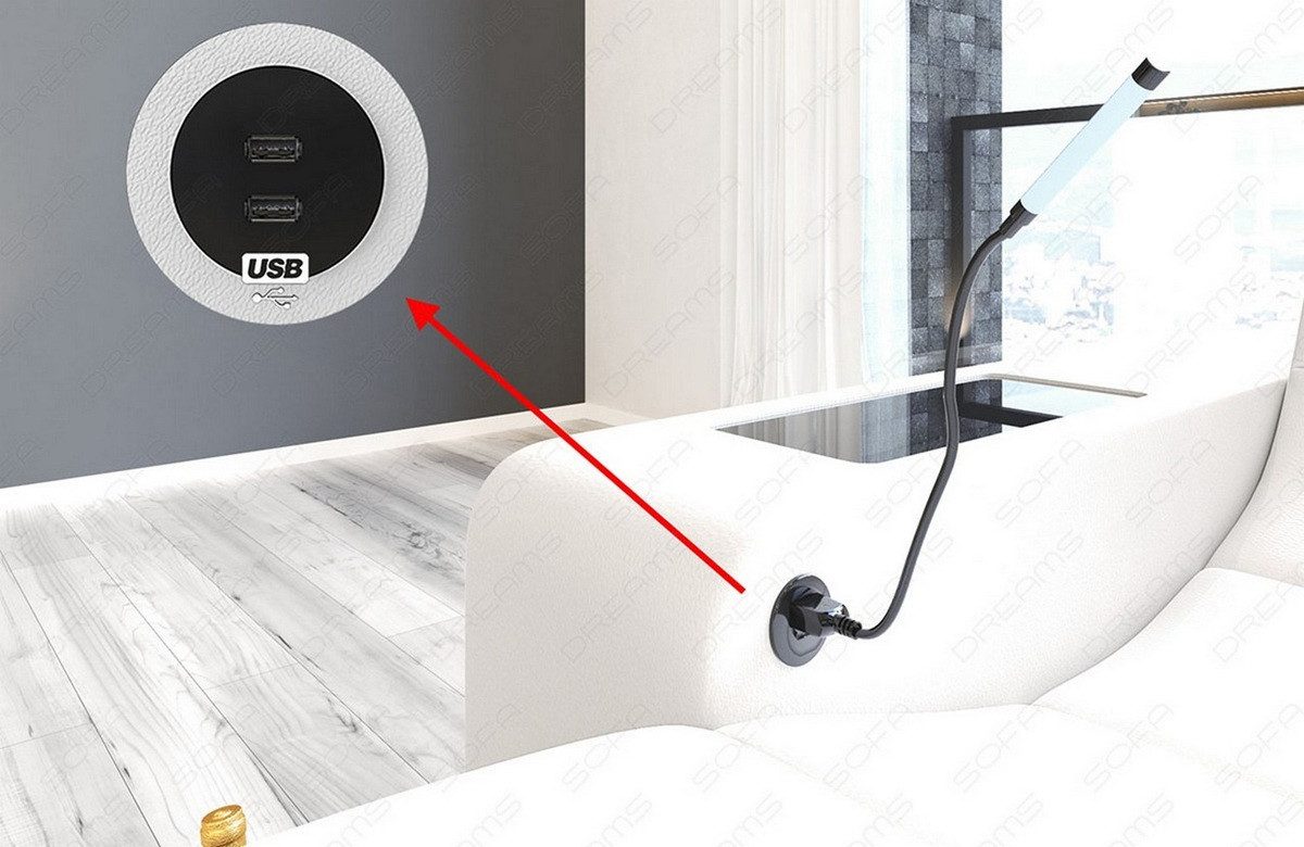 Sofa Dreams Ecksofa Wave L Form Ledersofa LED, 4-Sitzer, Echtleder Premium, Grau-Schwarz, Ottomane links, USB