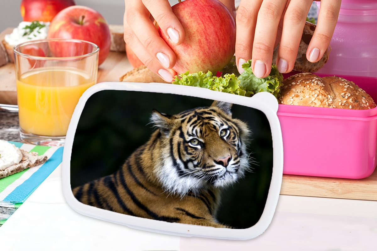 MuchoWow Kinder, für Kunststoff Snackbox, Tiger Schwarz, Porträt - (2-tlg), Kunststoff, Mädchen, Brotdose Brotbox Lunchbox - rosa Erwachsene,