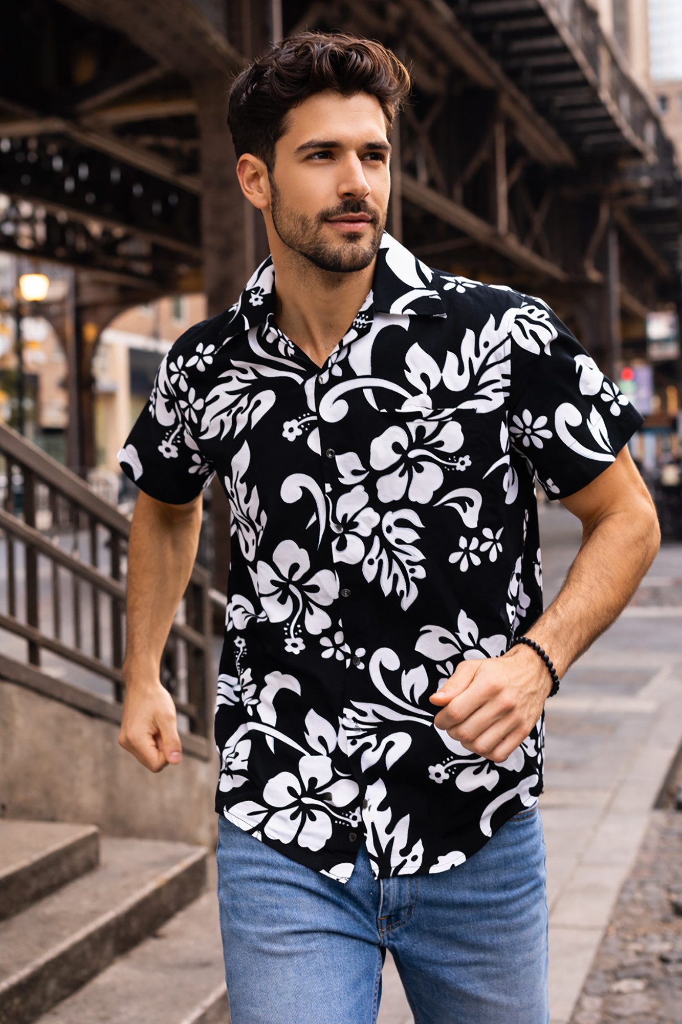King Kameha Hawaiihemd "Hibiscus" Funky Hawaii-Hemd Herren Kurzarm Front-Tasche Stylish