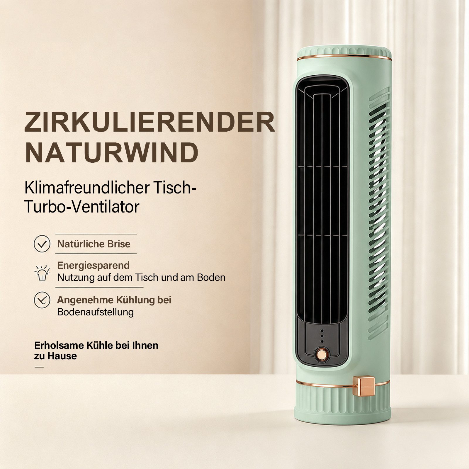 MOPUEA Turmventilator Tischventilator Turmventilator Naturwind 3 Stufen Kabellos Kompakt, 3 Stufen, Naturwind, Akku, USB-C, rutschfester Stand