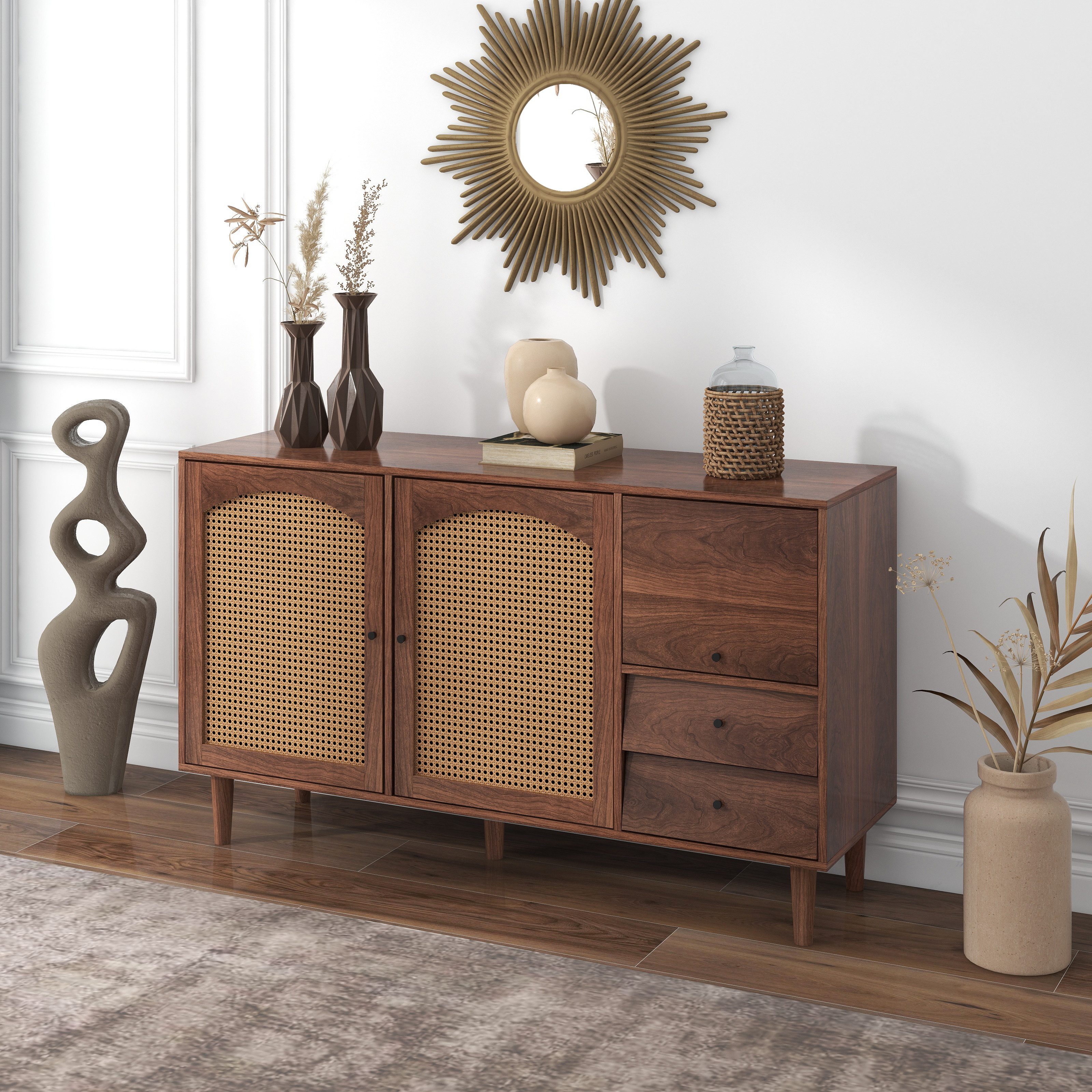 KLAM HOME Sideboard Kommode Mit Rattan Einsatz 130*75.5*40 cm  (mit 3 Türen günstig online kaufen
