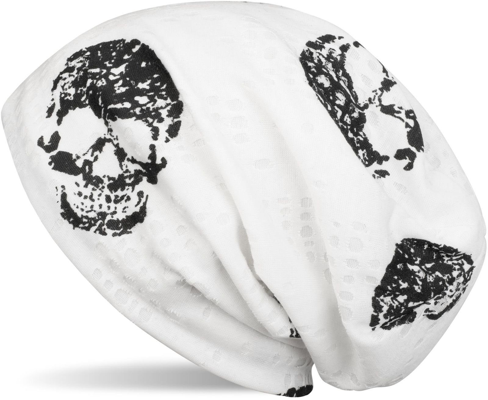 styleBREAKER Beanie (1-St) Beanie mit Destroyed Totenkopf Print Weiß