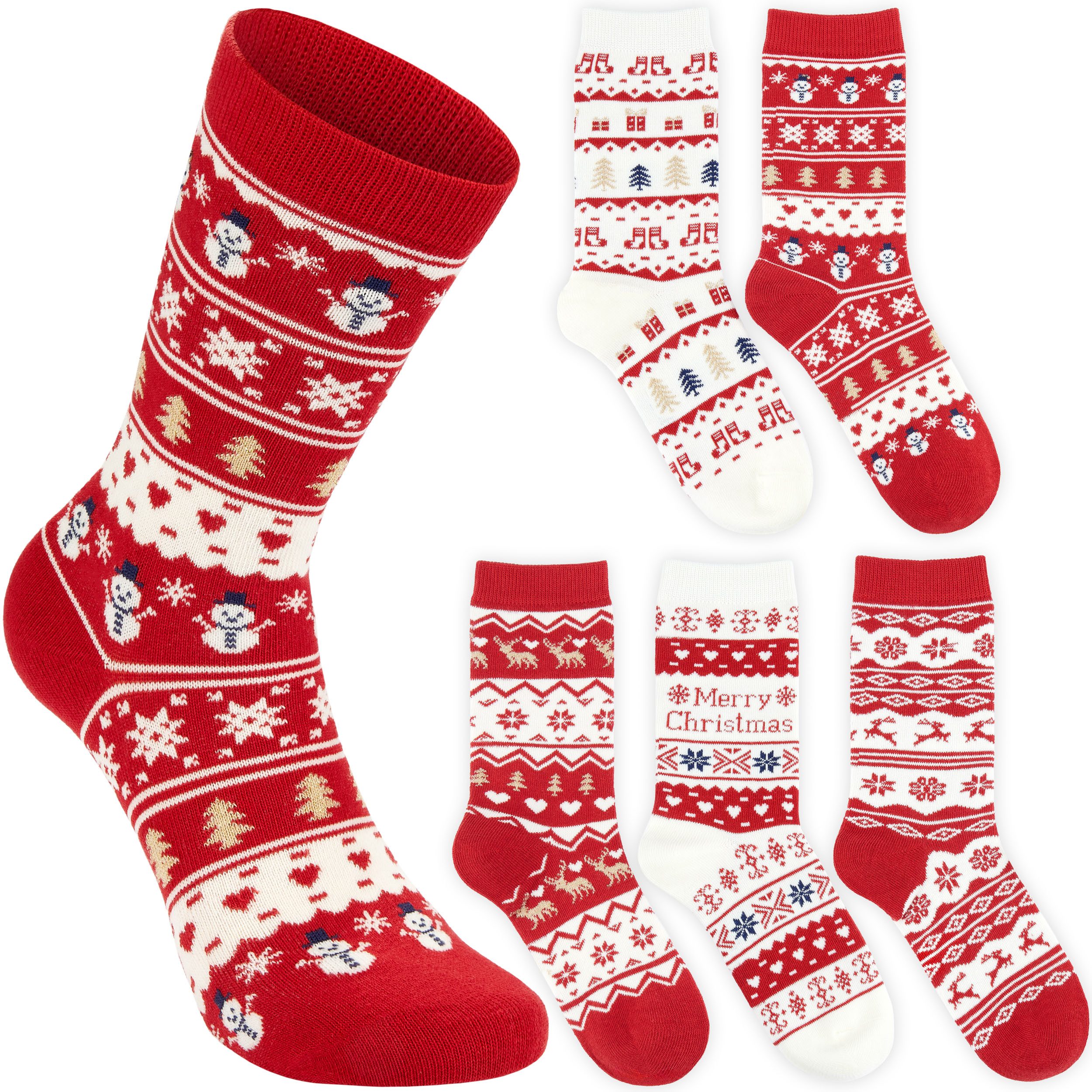 BRUBAKER Socken Weihnachtssocken mit Norweger Muster - Winter Socken aus Baumwolle (Размер 36-41, 5-Paar, Geschenk Set für Frauen & Mädchen) Damen Sockenset für Weihnachten und Nikolaus Rot & Weiß
