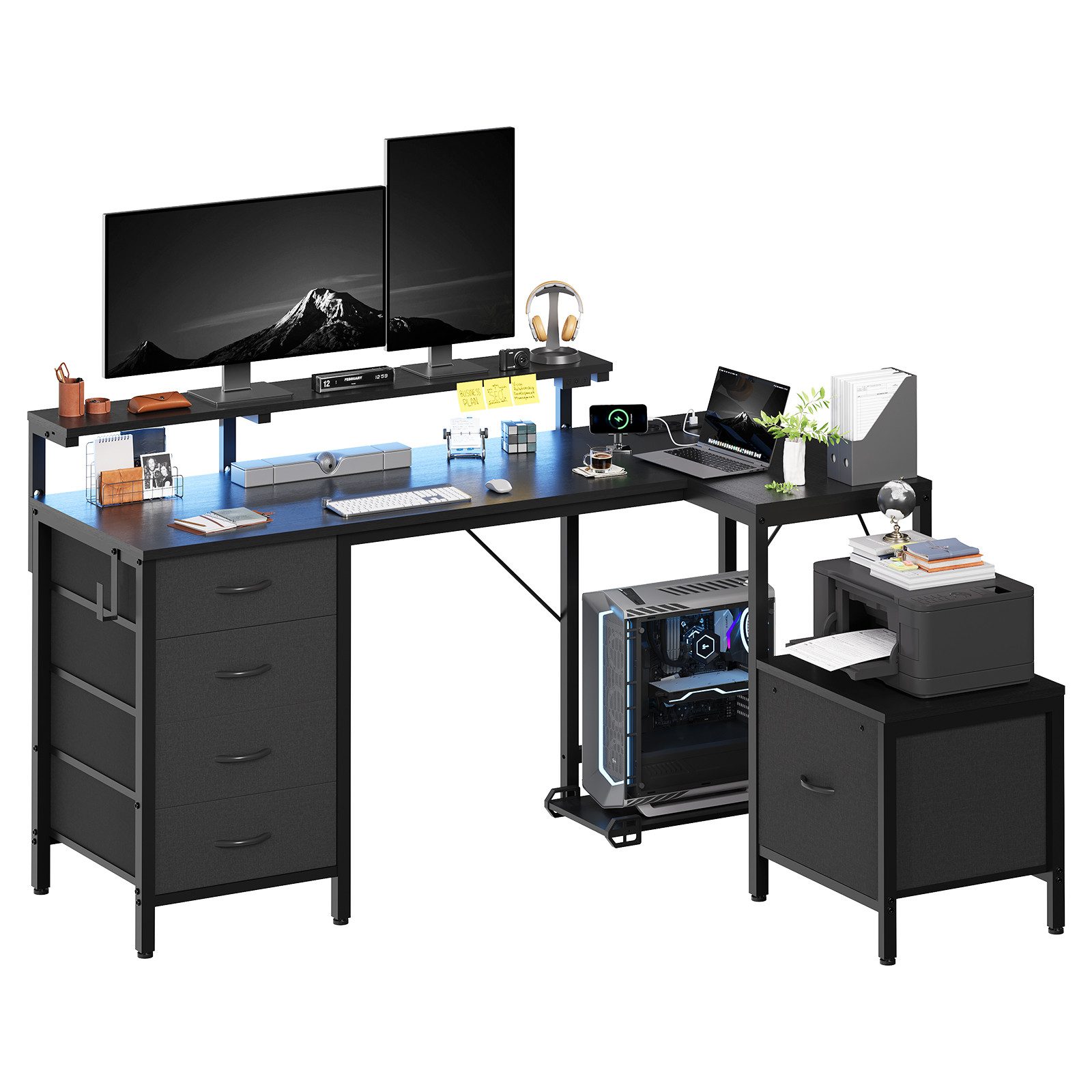 HOMALL Schreibtisch Gaming-Schreibtisch mit Stauraum, USB-Anschlüssen und LED-Beleuchtung (Monitorarm höhenverstellbar von 12 bis 27 cm, mit 5 mit Stoff ausgekleideten Schubladen, Montageoption links/rechts, Platz für Drucker)