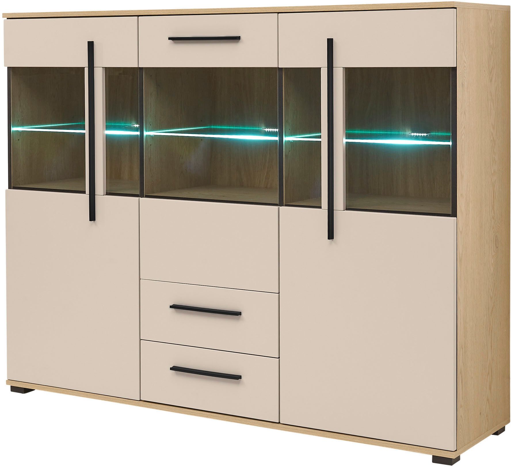 Home affaire Highboard Cantara, moderner Schrank, Vitrine in Eiche Dekor, Weiß oder Kaschmir, schwarze Stangengriffe, ausreichend Stauraum, vielseitig einsetzbar