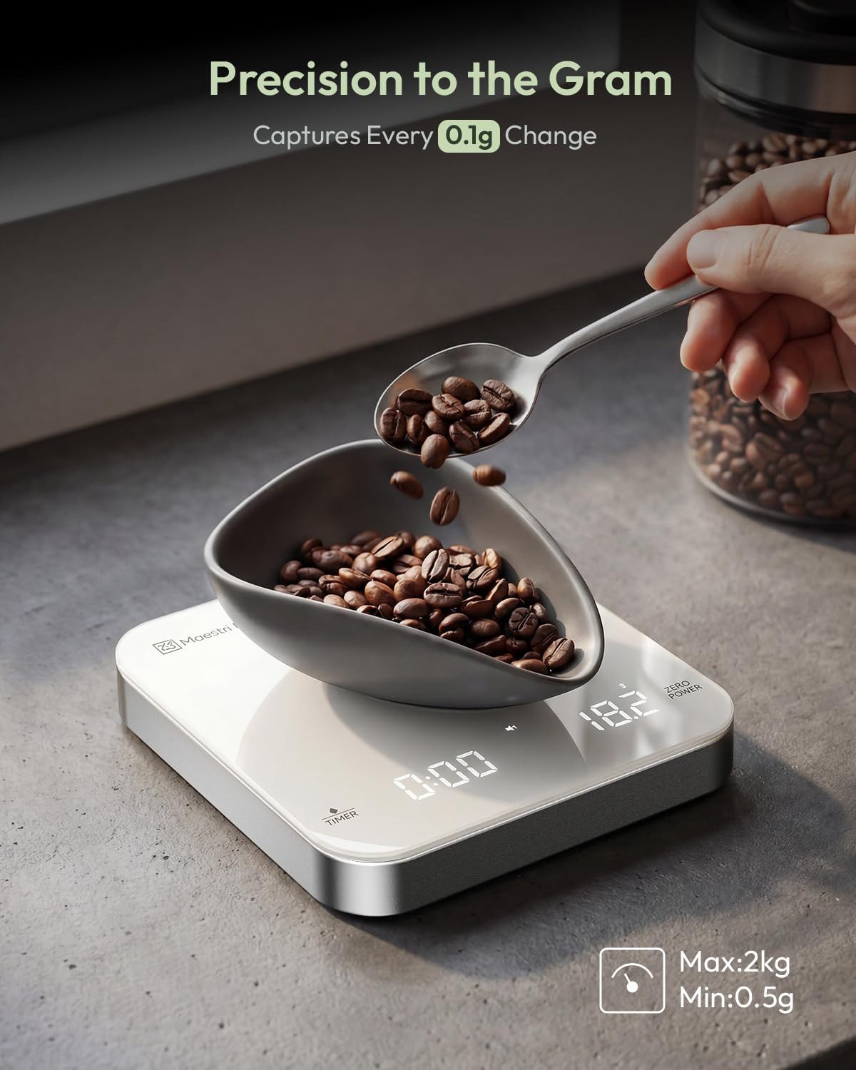Maestri House Küchenwaage K112 Espressowaage mit Auto-Timer, 0,1 g / 2 kg, (1-tlg., Glasoberfläche für Espresso und Pour Over), Touch-Bedienung, USB-C, Tara, St – Bild 5 von 5