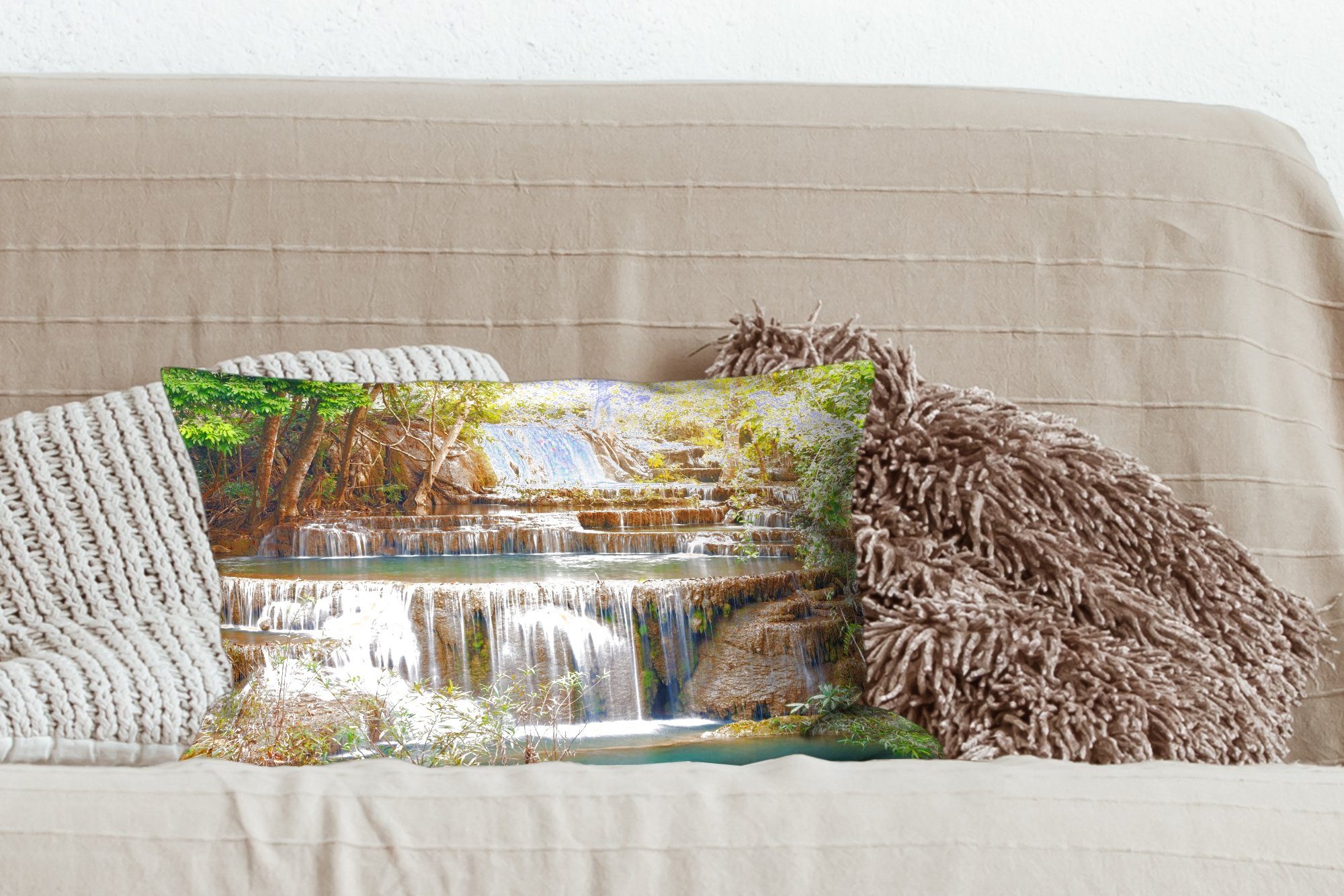 Schlafzimmer Füllung, MuchoWow Landschaft, Dekokissen Dekokissen - Wasserfall Sonne - Zierkissen, Wohzimmer Dekoration, mit