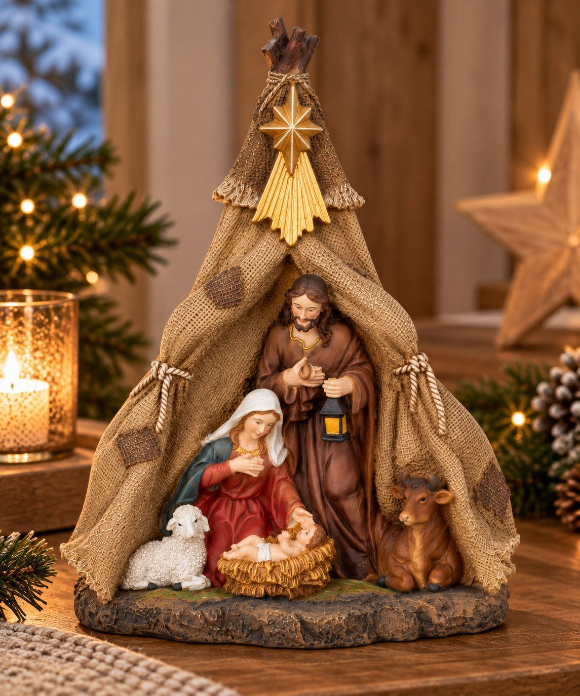 MF Krippe Weihnachtskrippe Heilige Familie mit Schaf und Ochse 21,6 cm (1-tlg)