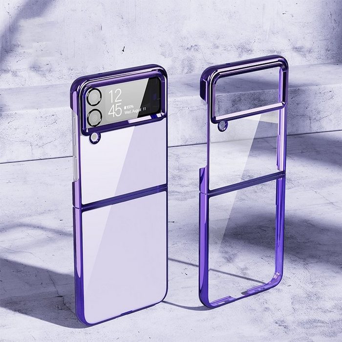 Wigento Handyhülle Für Samsung Galaxy Z Flip4 PC Folding Electroplating Transparente Handyhülle Lila Schutz Cover Handy Tasche