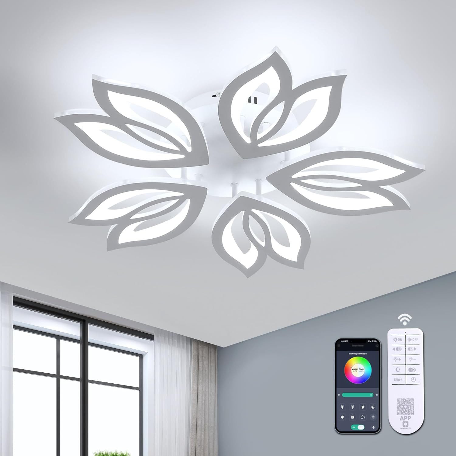 Riserva Deckenleuchten Magnolie Design LED Deckenleuchte Weiß 37W Dimmbar Fernbedienung, LED wechselbar
