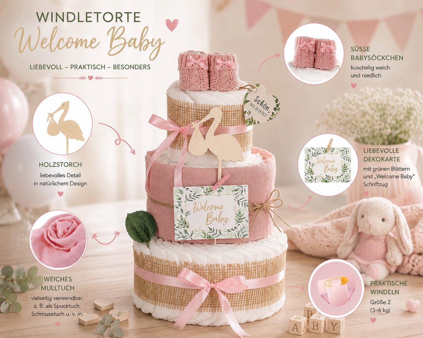 dubistda-WINDELTORTEN- Neugeborenen-Geschenkset Windeltorte Storch, zur Geburt – Bild 2 von 3
