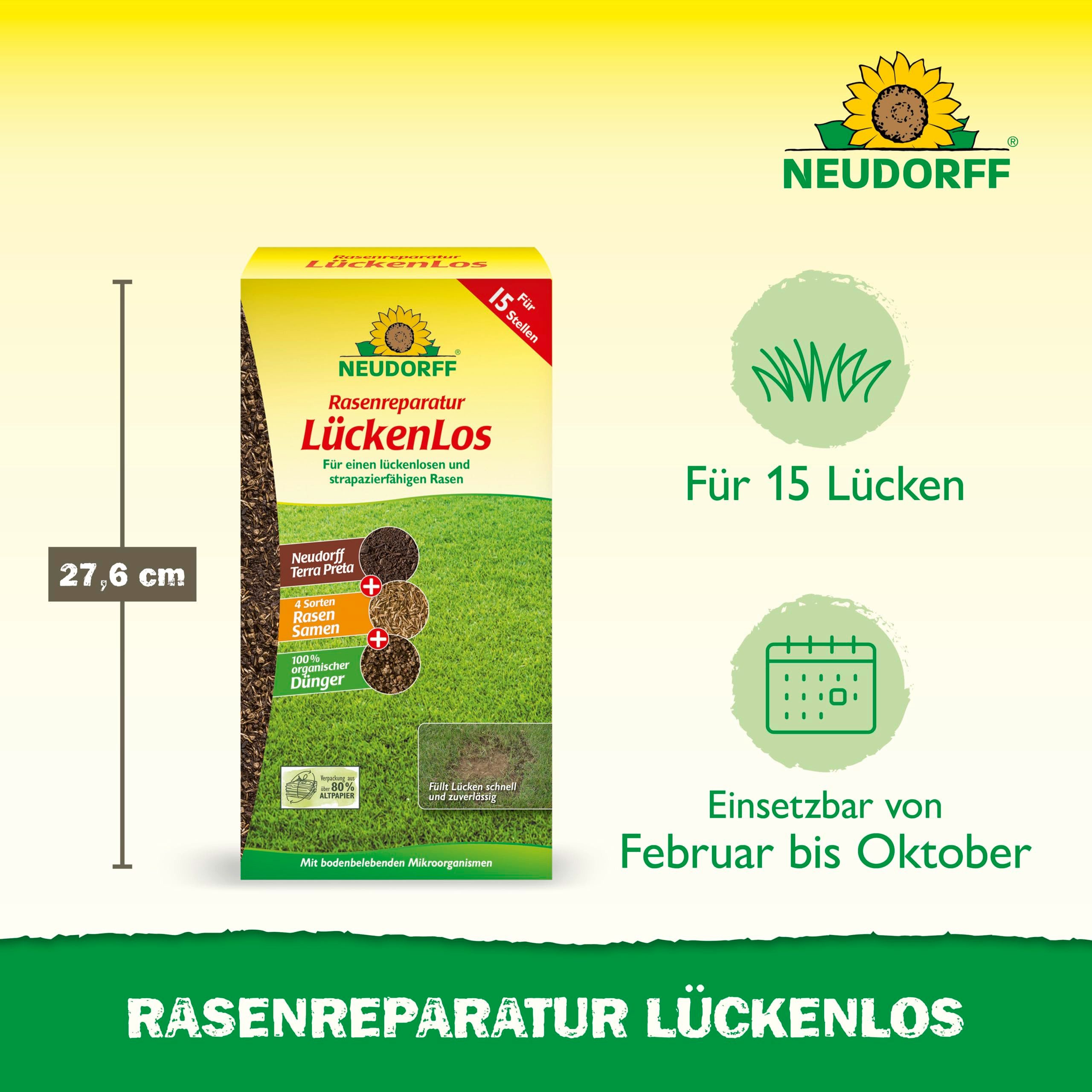 Neudorff Rasensamen Rasenreparatur LückenLos 1,2 kg für 15 Lücken, 3-in-1-Mischung aus Rasensamen, Terra Preta und Naturdünger