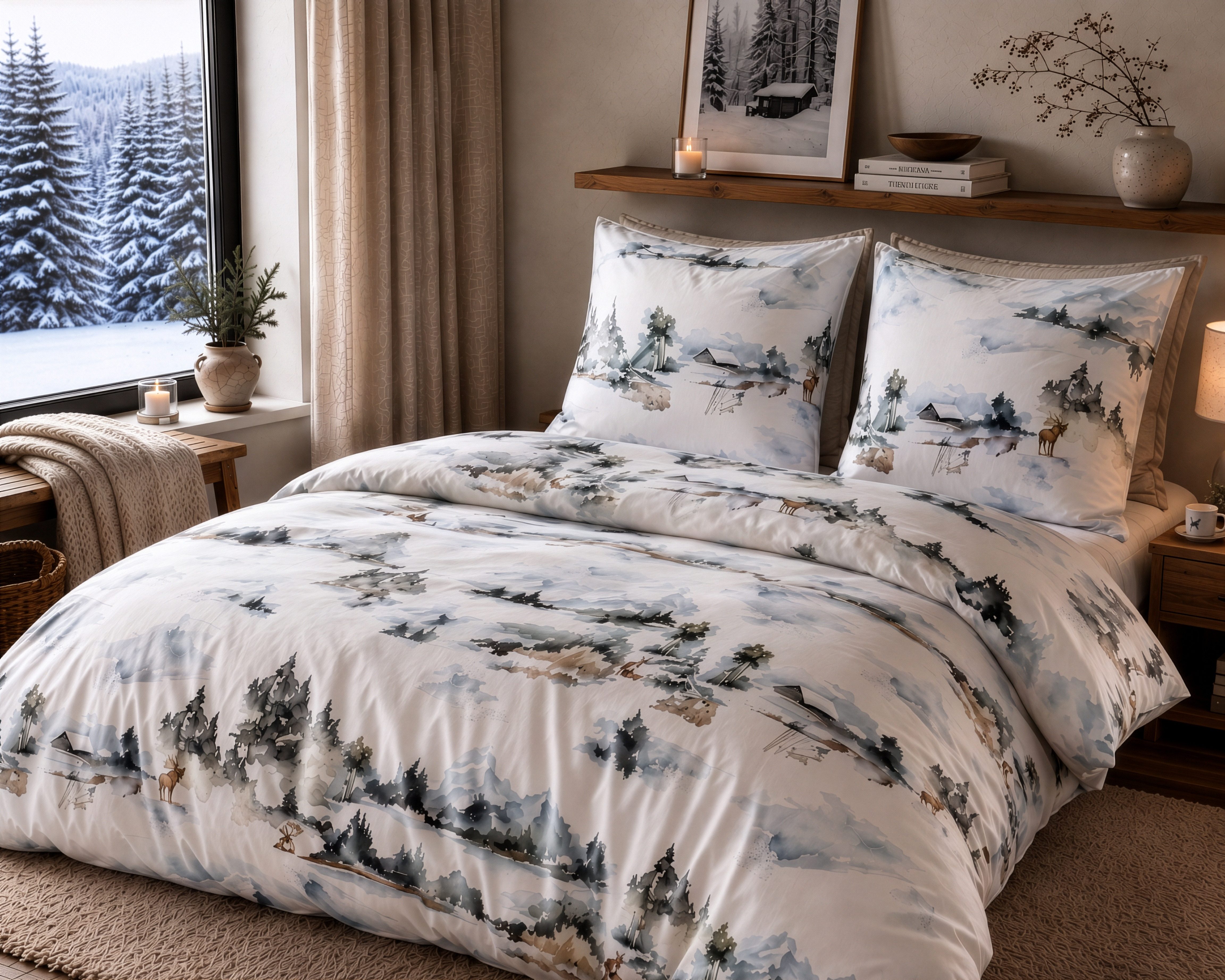 BETTWAESCHE-MIT-STIL Bettwäsche Mako Satin Bettwäsche Winter Wald, Mako-Satin, 3 teilig