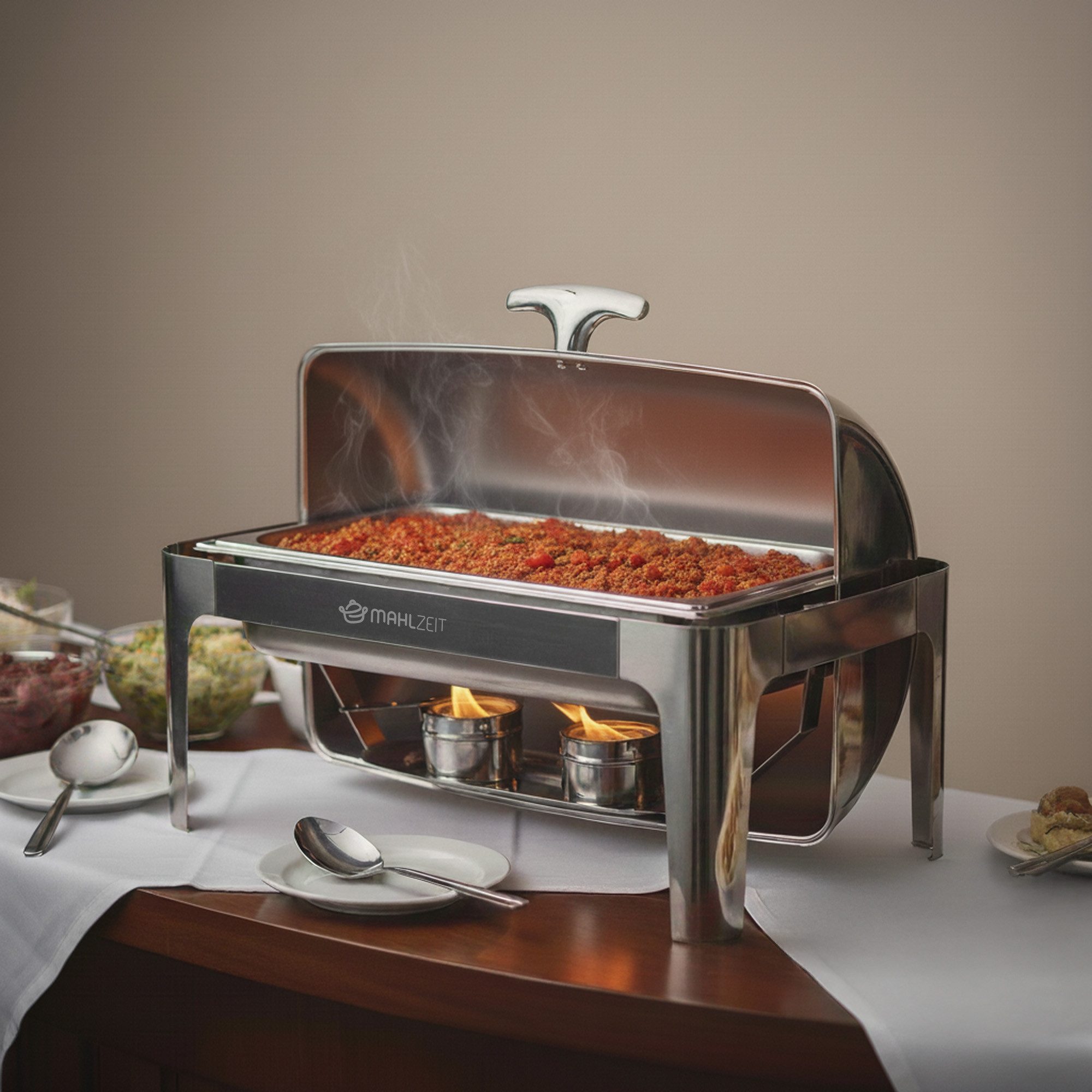 Mahlzeit Speisenwärmer Edelstahl Chafing Dish, 8 Liter, Rolltop, Speisenwärmer, Wärmebehälter, (6-tlg), Leises schließen dank Gummi Stopper – Bild 2 von 5