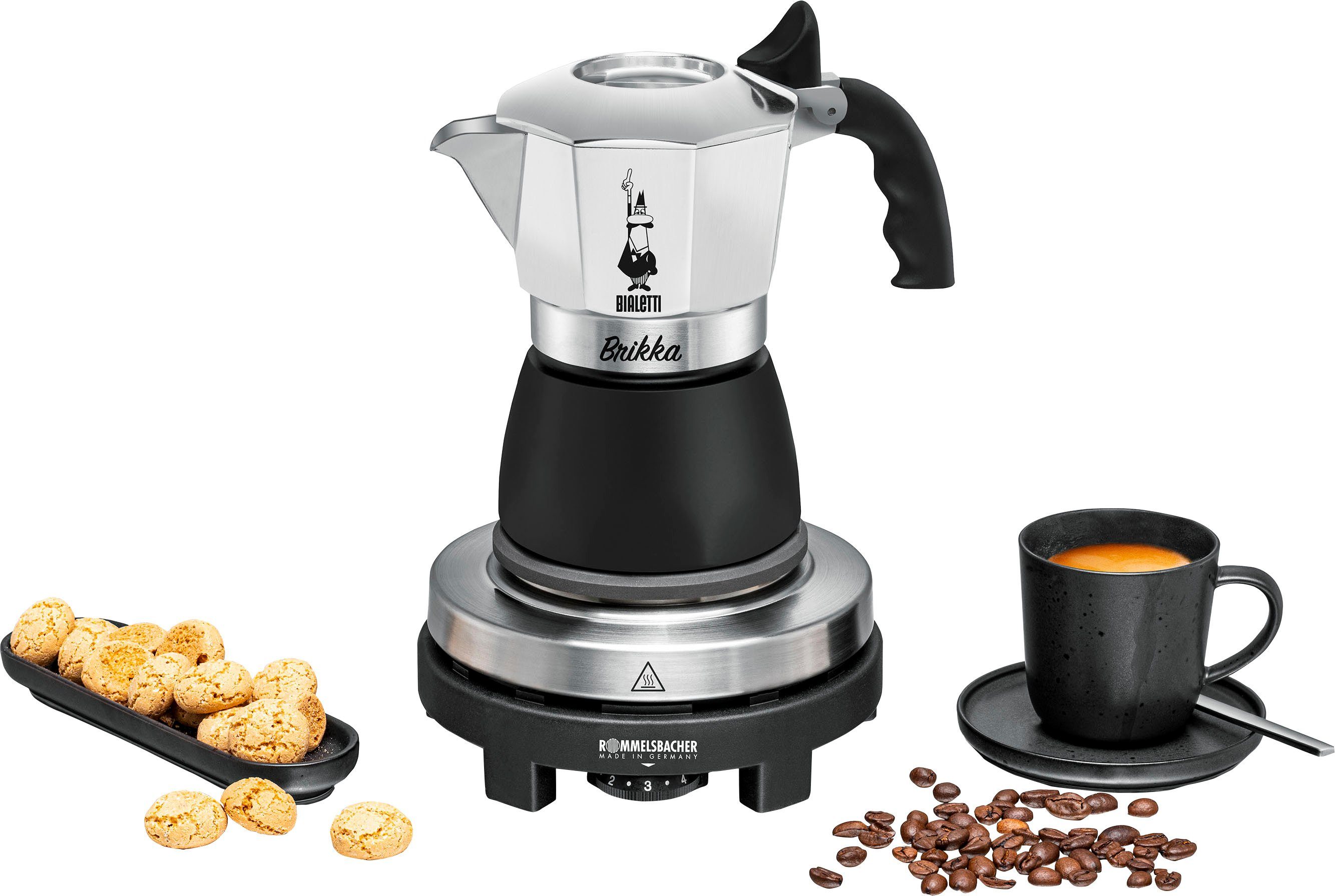 Rommelsbacher Einzelkochplatte Geschenk-Set: Original Bialetti Moka Kanne Brikka + Reisekochplatte