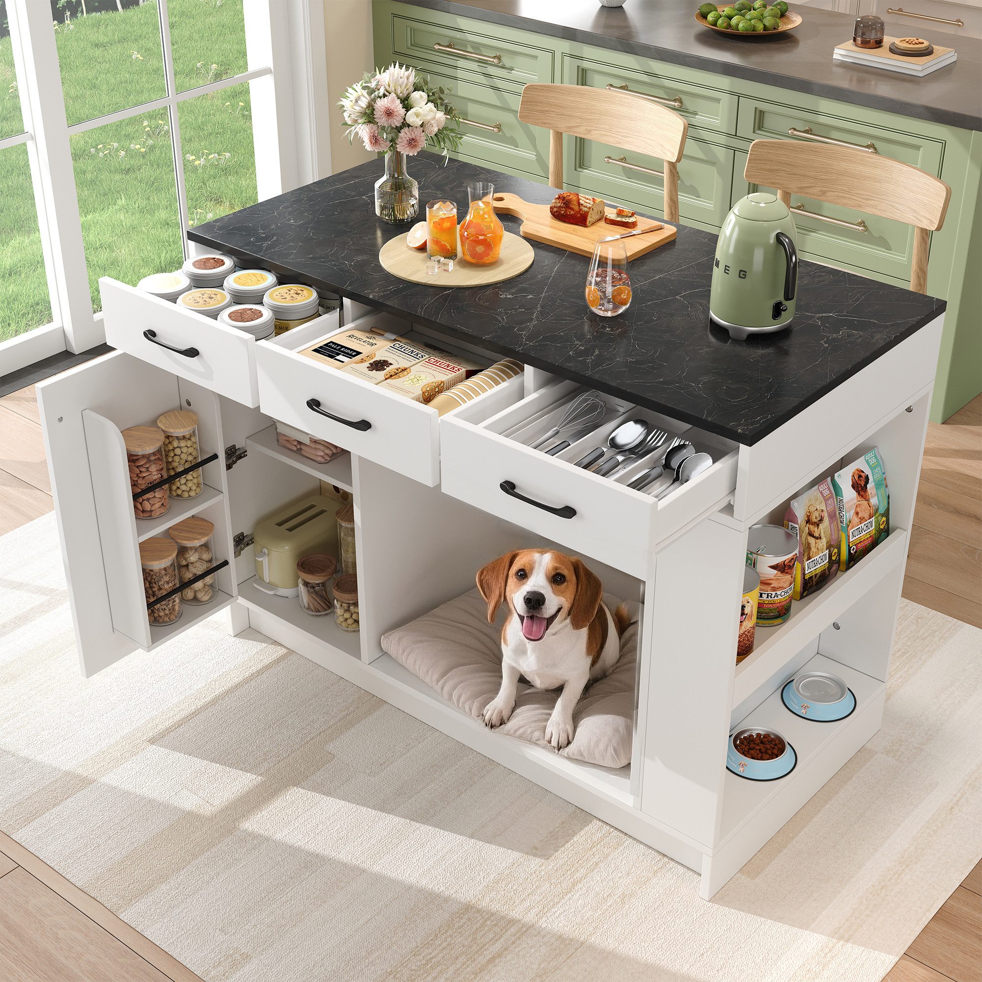 Ulife Kücheninsel Schrank mit 3 Schubladen, 1 Gewürzablage,120*60*90 cm, grau, Regulierbarer Regalboden, geräumiger Haustieraufbewahrungsbereich