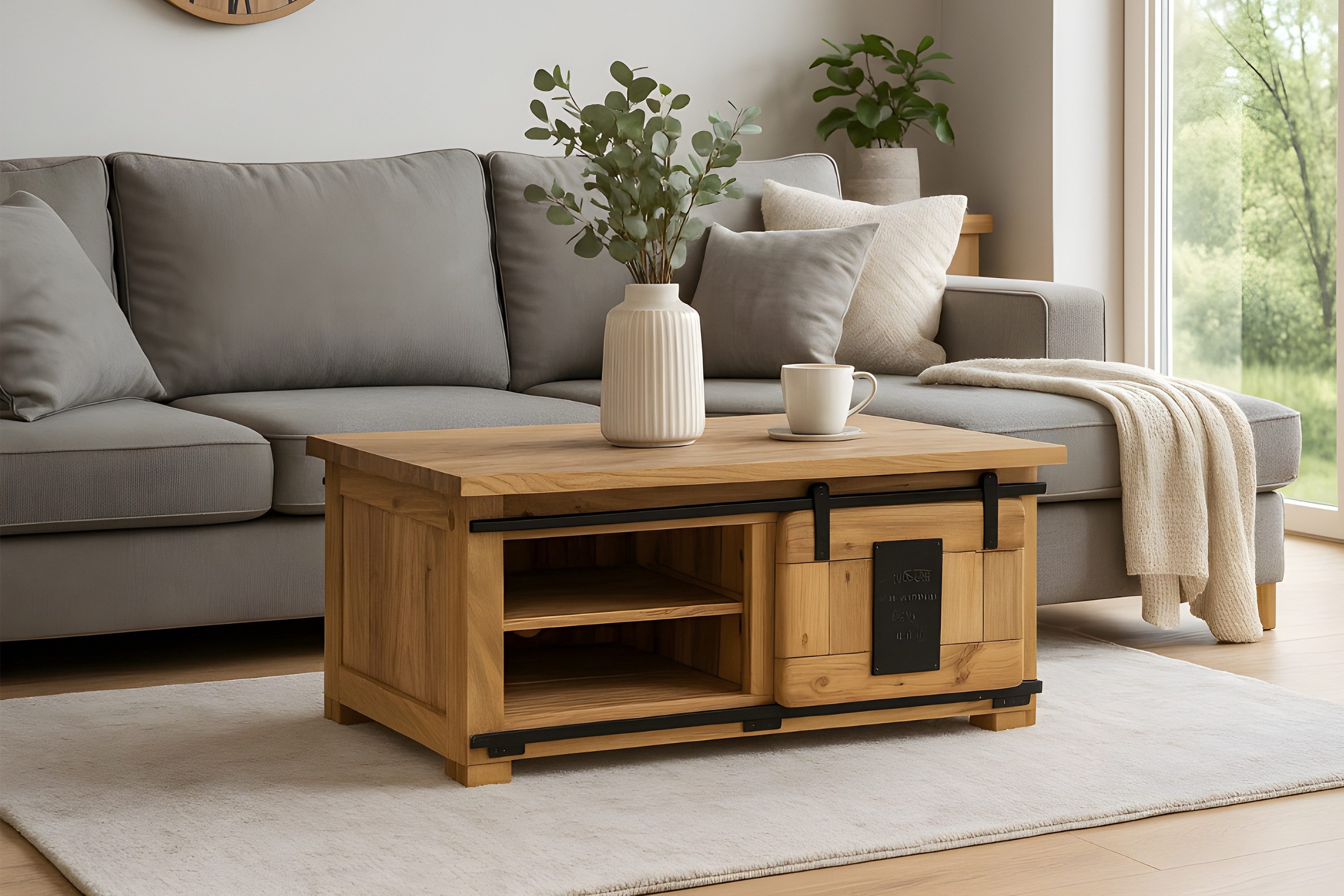 SAM® Couchtisch Gia, massives Akazienholz, mit Ablagefläche, Schiebetür, Metallschiene