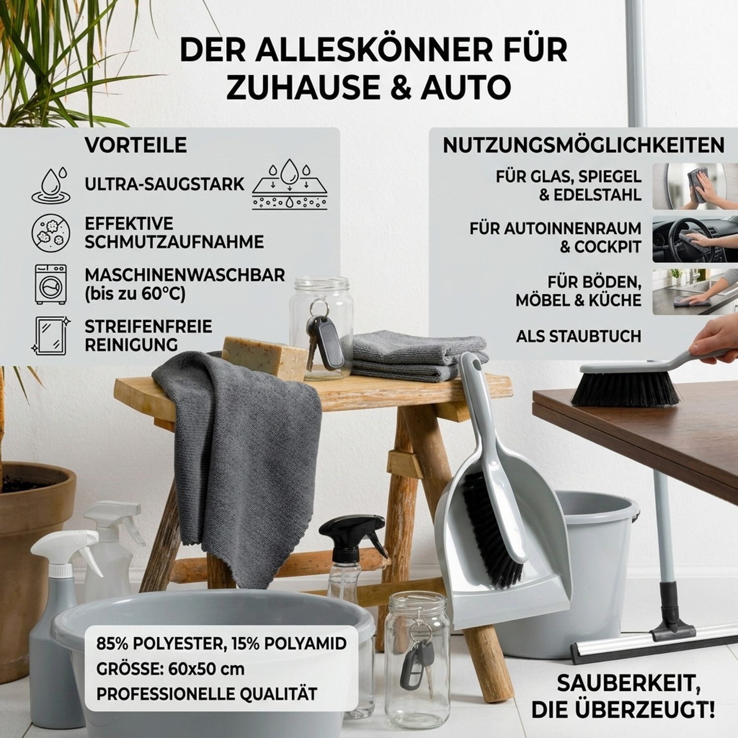 Macosa Home XL Mikrofasertuch 2er Set 50 x 60 cm Mintgrün oder Anthrazit Mikrofasertuch (Mikrofaser, 50x60 cm, Autotuch Glas Spiegel Edelstahl, 2-tlg., Putztuch Poliertuch Staubtuch Küchentuch, Ultra saugstark Maschinenwaschbar Reinigungstuch)