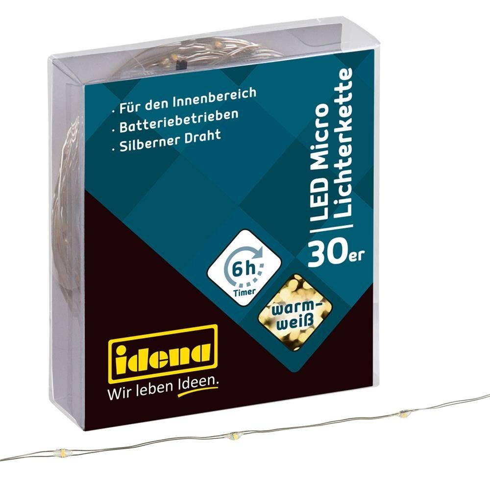 Idena LED-Lichterkette 30er, Mirco-LED, warmweiß, 3,2 m, für innen, batteriebetrieben, mit 6h-Timer