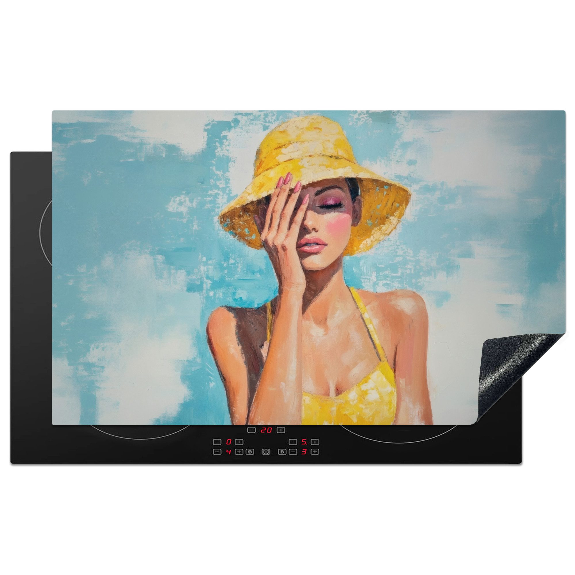 MuchoWow Herd-Abdeckplatte Gemälde - Frau - Hut - Gelb, Vinyl, (1 tlg), Herdplattenabdeckung für Ceranfeld, Herdplatten Vinyl, 83x51 cm