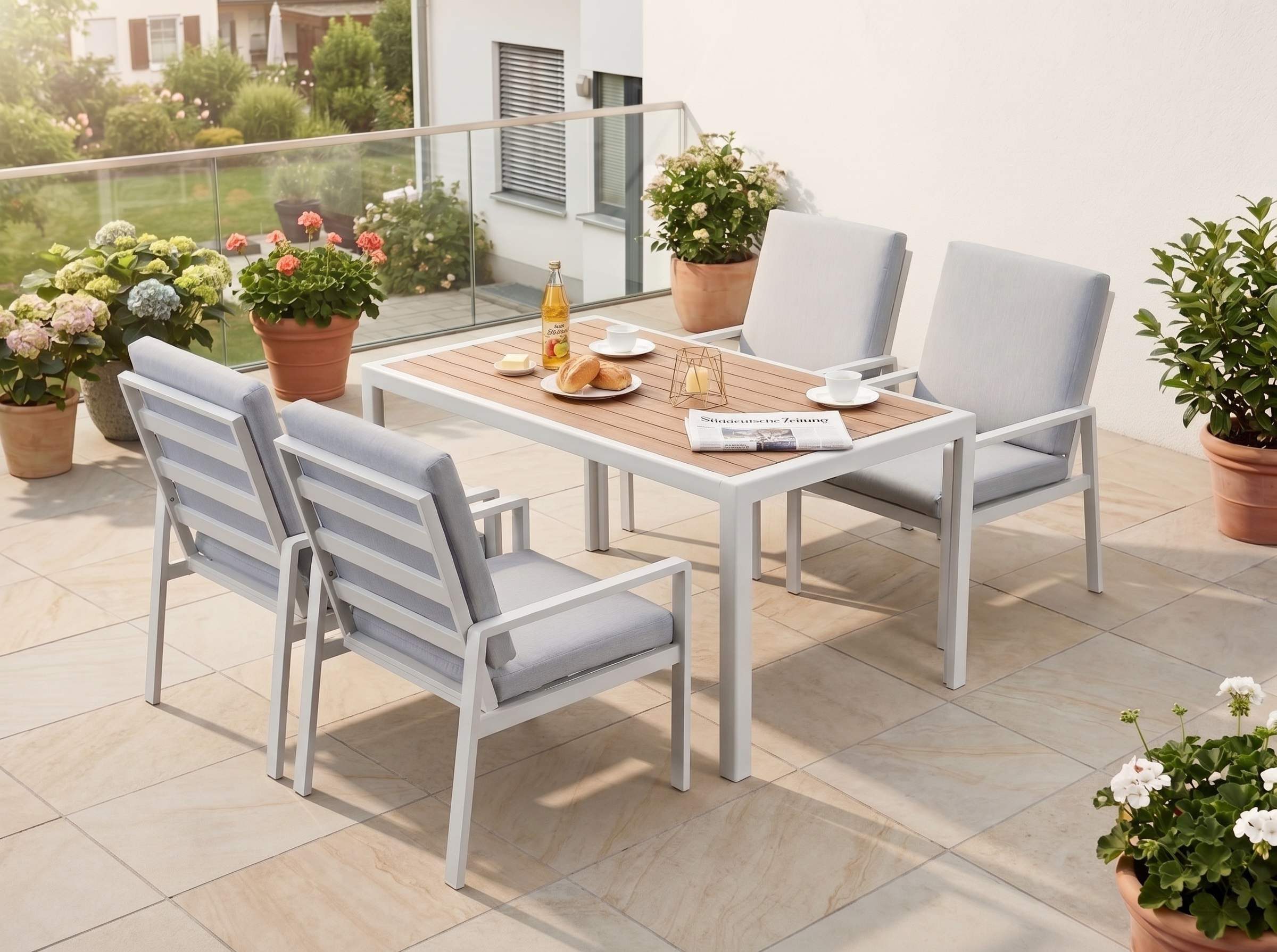 MeXo Gartenlounge-Set Lounge Gartenmöbelset Aluminium Wetterfest, (Garten Essgruppe für 4 Personen, 5-tlg., 4 Sessel, Esstisch 140x80x70 cm), 85 cm Rückenlehne, hoher Sitzkomfort