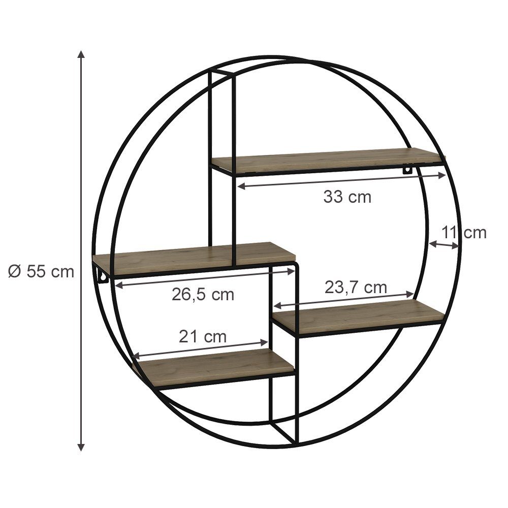 Vicco Bücherregal Fyrk, Eiche/Schwarz, 55 x 55 cm Rund, 1-tlg.