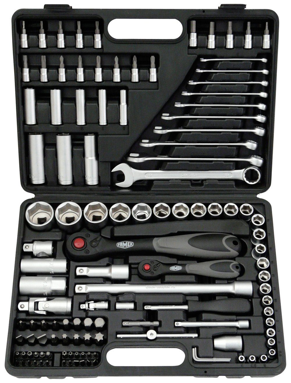 FAMEX Werkzeugset 719-44 für den gefüllt mit Werkzeug Set, Profi (214-St), Alu Werkzeugkoffer