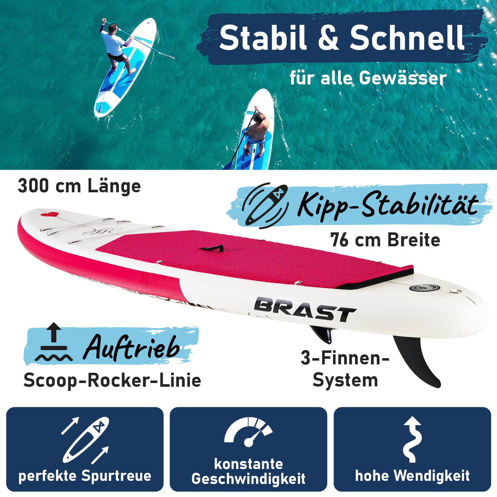 BRAST SUP-Board Lady, Aufblasbares Stand up Paddle Set für Frauen, 300cm, viele Modelle, inkl. Sonderzubehör