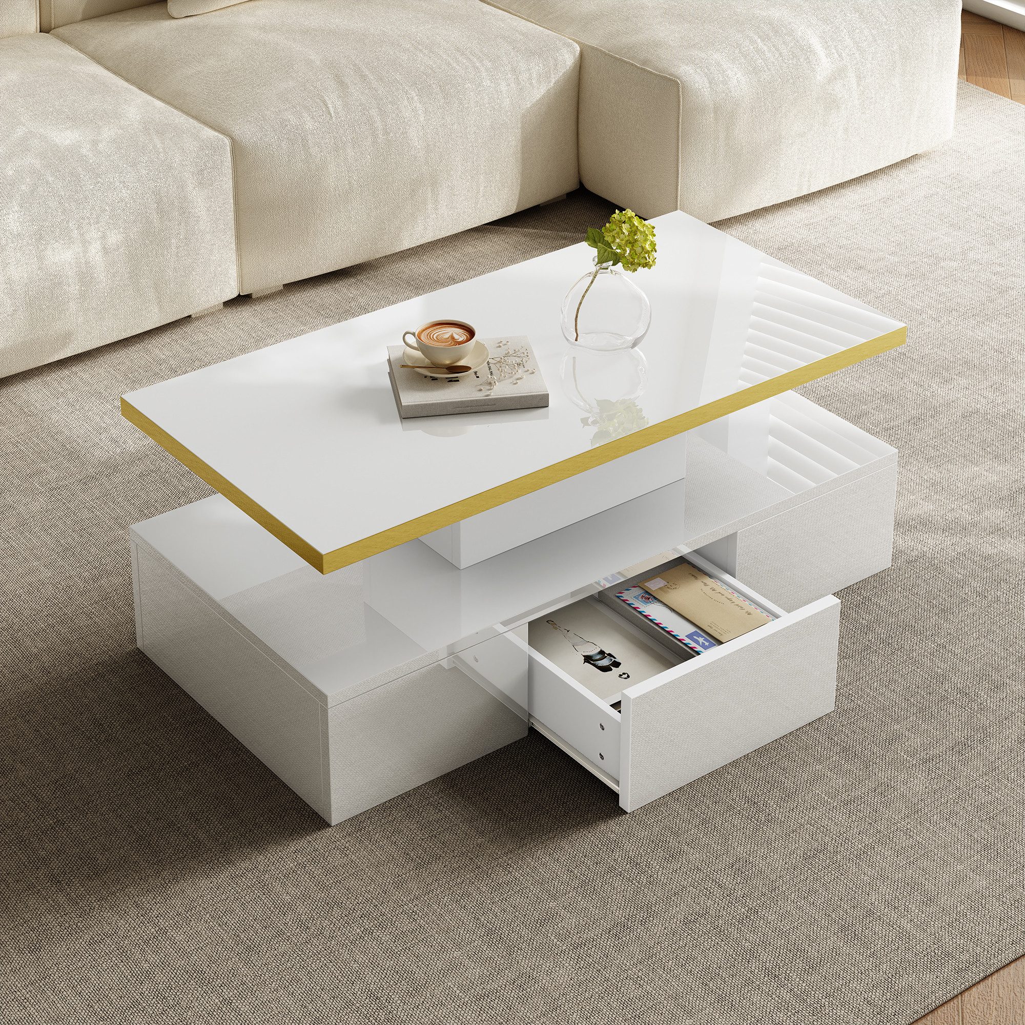 REDOM Couchtisch Eleganter High-Gloss-Couchtisch mit goldener günstig online kaufen