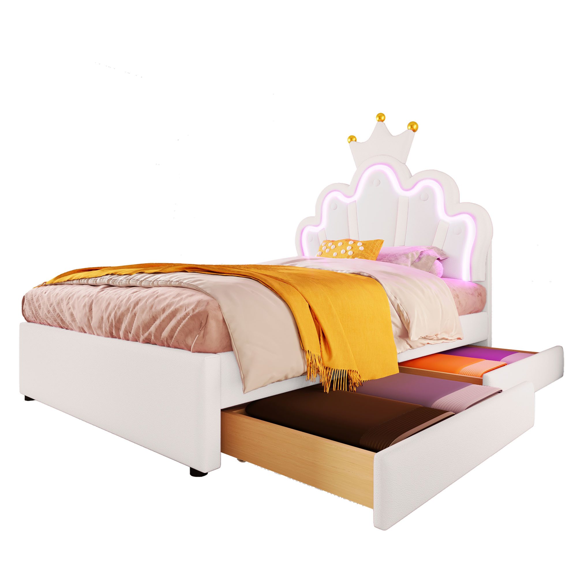 SOFTWEARY Prinzessinbett mit LED-Beleuchtung und Stauraum (90x200 cm, mit 2 Schubladen), Mädchenbett, Polsterbett für Mädchen, Einzelbett, Kunstleder