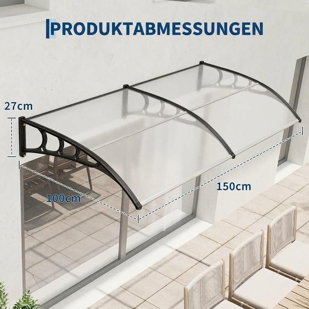 GarveeMore Anbaudach für Haustür,Überdachung Haustür aus Aluminium und Polycarbonat, BxT: 150x100 cm, Transparentes Pultbogenvordach,Regen Schnee Sonnenschutz