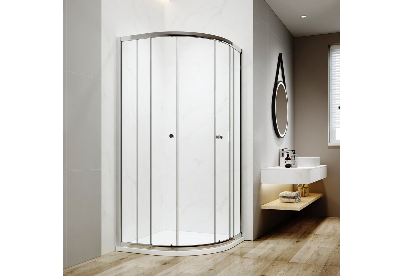 Thumbnail - EMKE Runddusche 195 cm Duschkabine Viertelkreis Duschabtrennung mit Schiebetür, BxT: 80x80 cm mit 5mm ESG Sicherheitsgla...