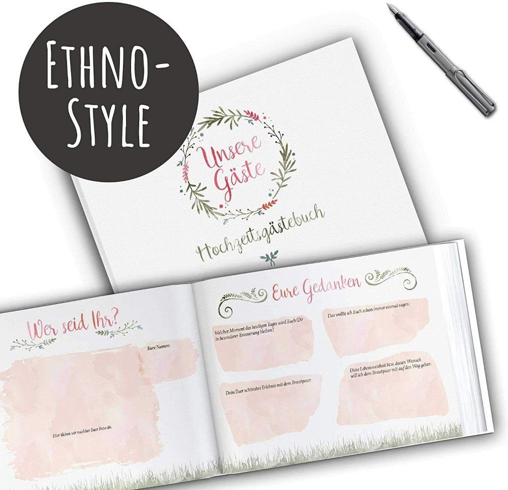 bigdaygraphix Notizbuch Hochzeits-Gästebuch Boho Flowers mit Fragen, Vorgefertigte Fragen für besondere Einträge.
