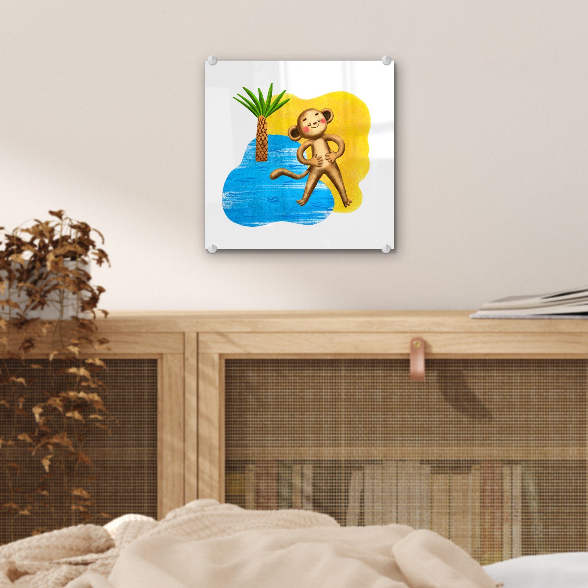 Palme Wandbild auf Acrylglasbild Affe - Foto Bilder - St), - (1 Glas - MuchoWow Glas Wanddekoration - Meer, Glasbilder auf