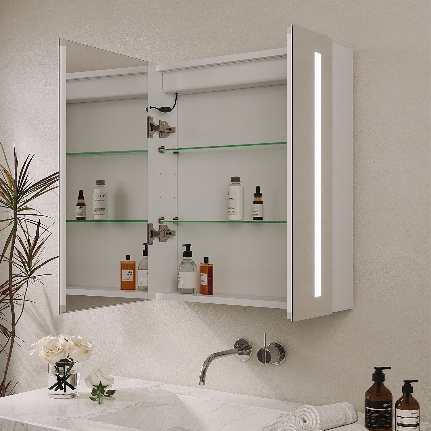AQUALAVOS Badezimmerspiegelschrank Bad Spiegelschrank mit LED Kaltweiß Beleuchtung IR Sensor Wandschrank 60x70 cm, mit 2 Türen, Doppelseitige Glasspiegel, Soft-Close-Funktion