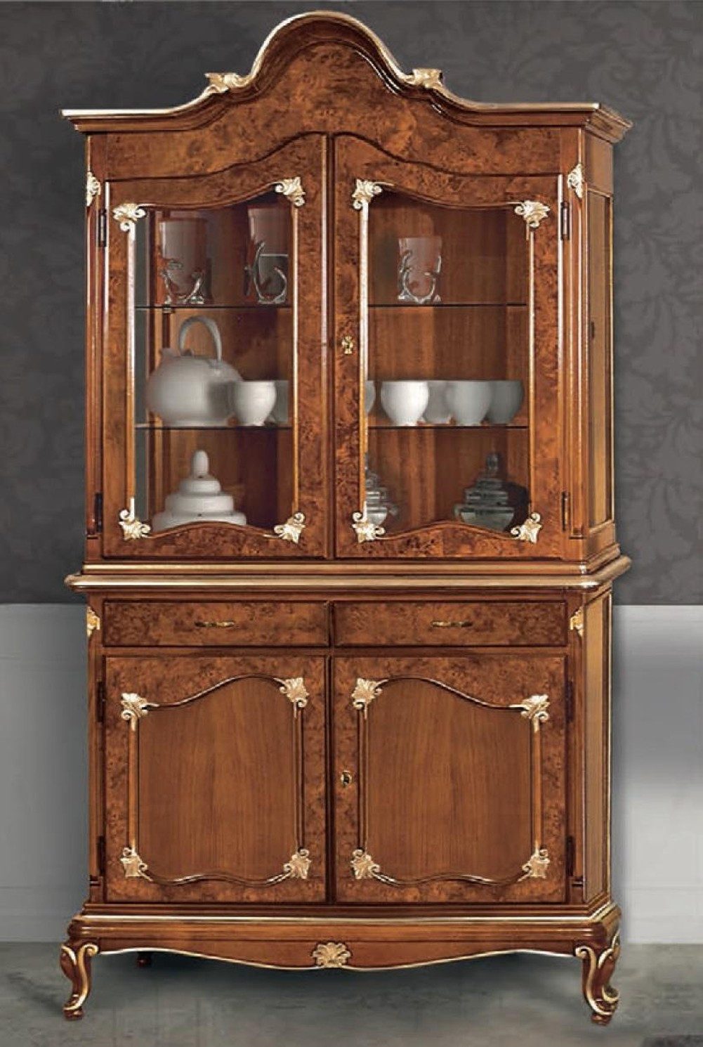 Vitrine Wohnzimmer Regal aus Holz mit Glastüren, brauner Vitrinenschrank