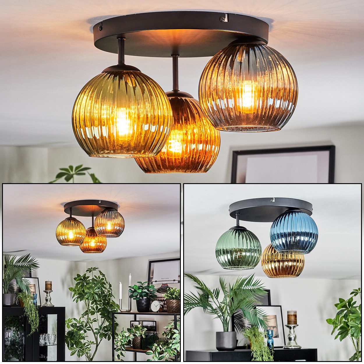 hofstein Deckenleuchte Deckenlampe aus Metall/Riffelglas in Schwarz/Blau/Grün/Goldfarben, ohne Leuchtmittel, Deckenleuchte im Retro/Vintage-Design (Schirme Ø 15 cm), 3 x E14
