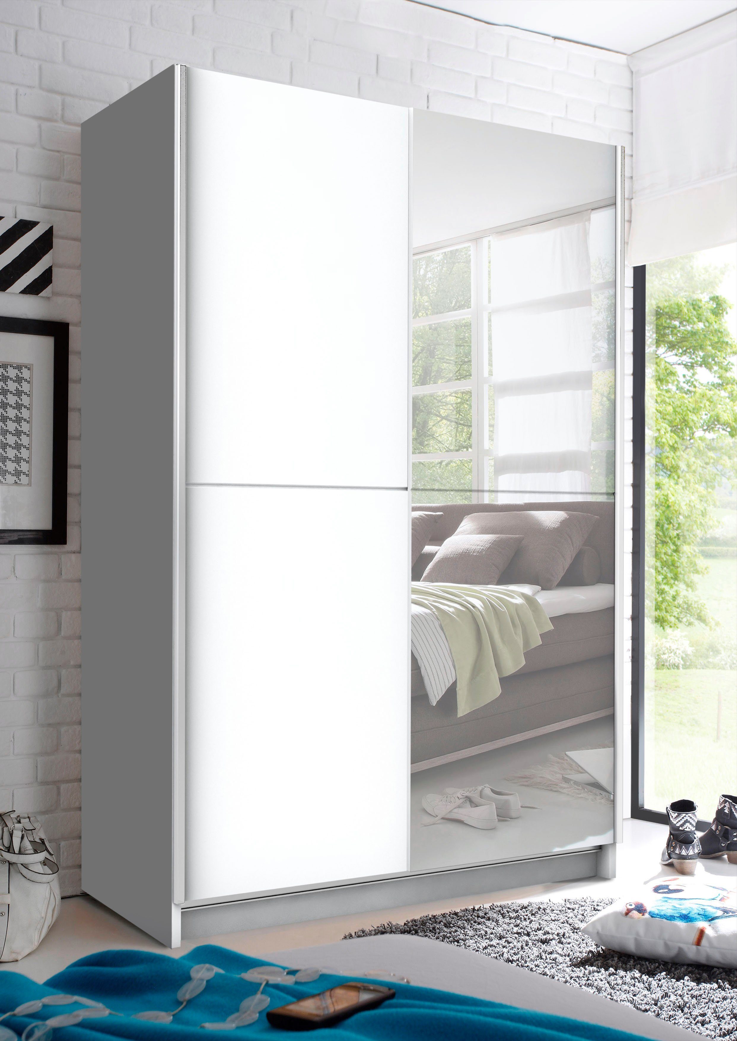 Schlafkontor Schwebetürenschrank mit Spiegel, Teleskopkleiderstange zusätzlichen Böden Weiß und | Weiß
