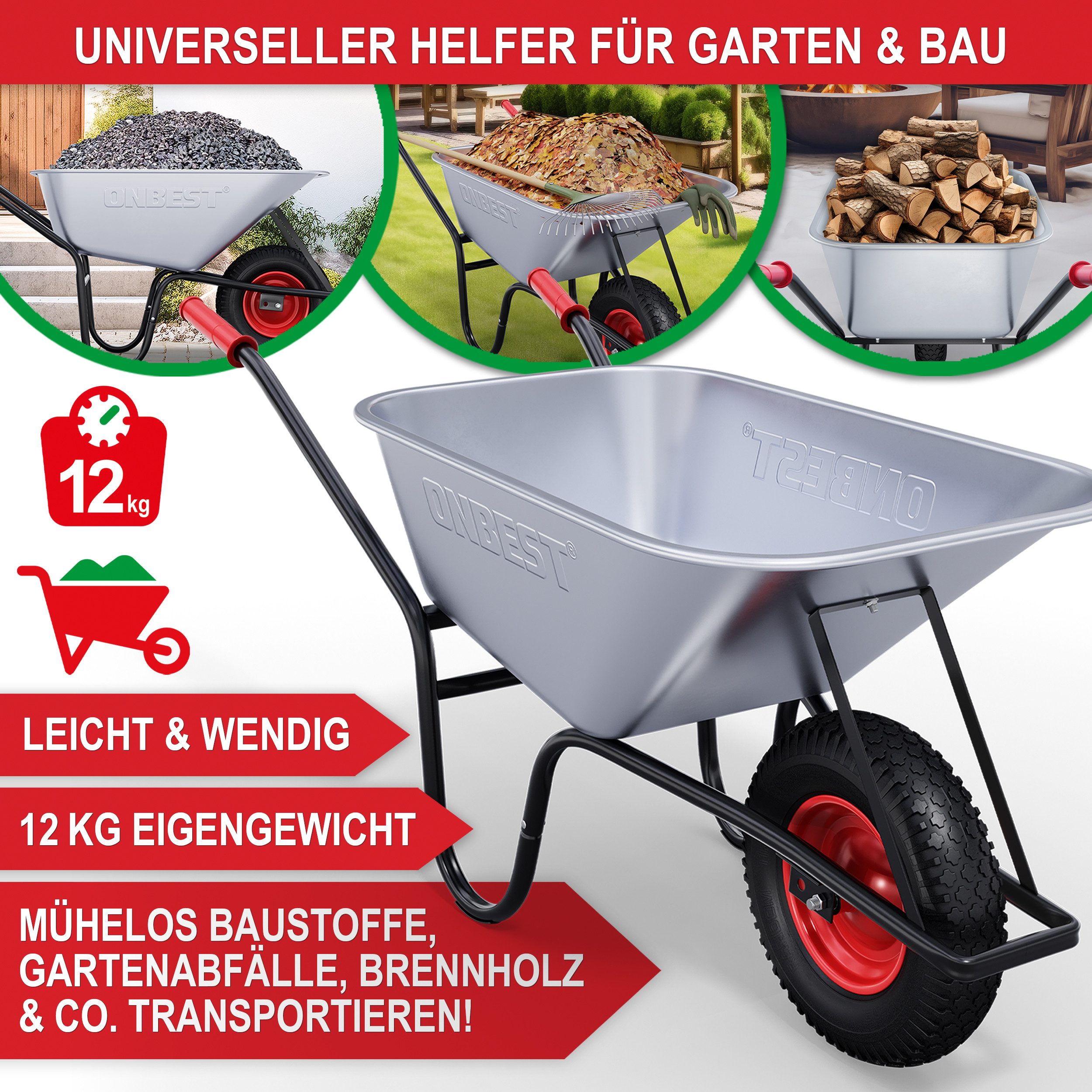 Onbest Schubkarre verzinkt inklusive Gartensack, 100 Liter Volumen, 250 kg, Stahlrahmen, Pulverberschichtet