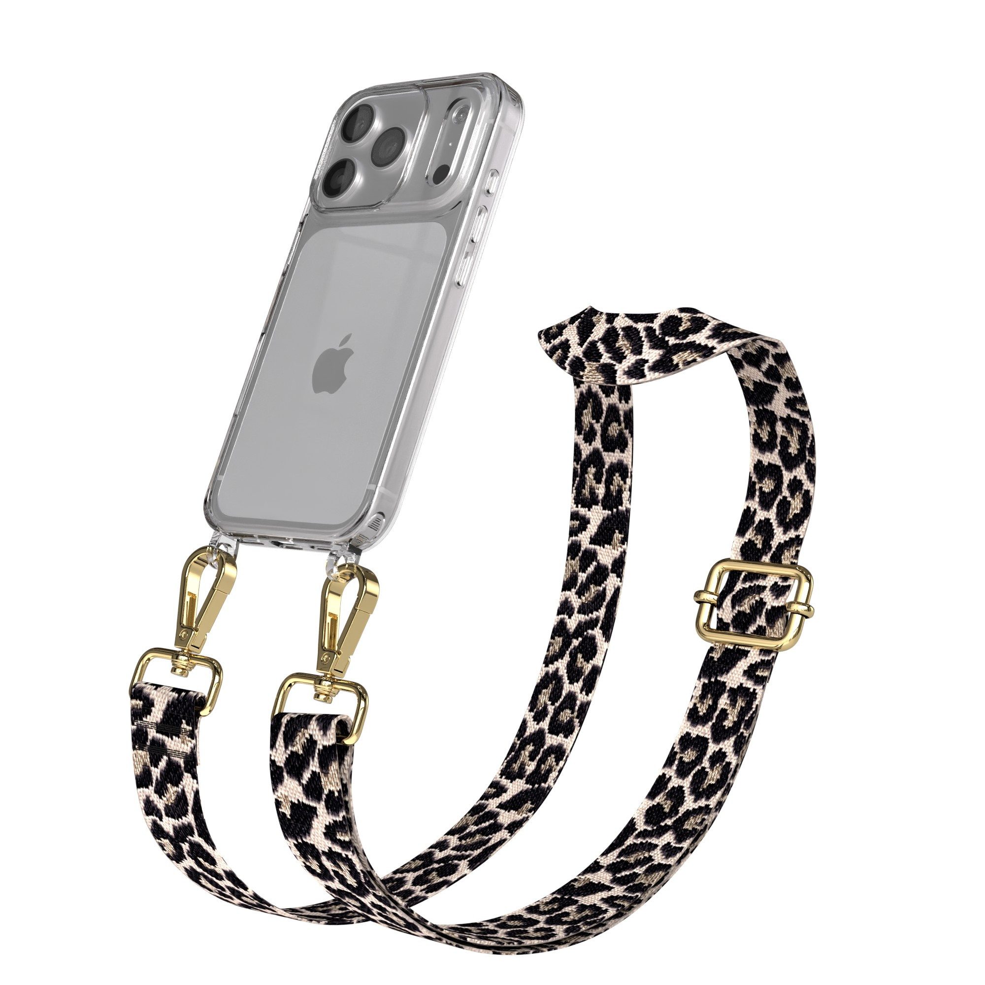EAZY CASE Handykette Silikonhülle mit Kette für Apple iPhone 17 Pro 6,3 Zoll, Body Bag Leo Wechselband Ersatzgurt klare Hülle Silicon Schwarz Beige
