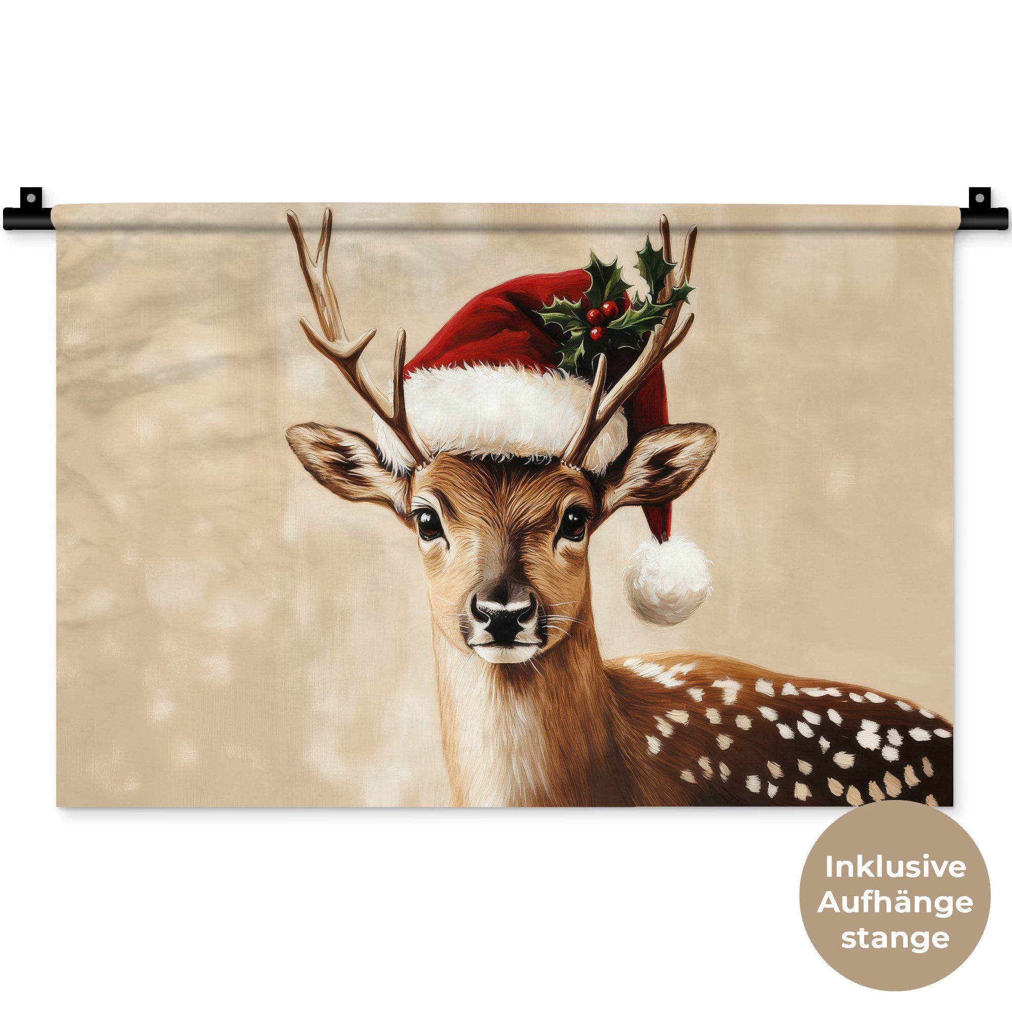 MuchoWow Wandteppich Weihnachten - Hirsch - Geweih - Rot, Rechteckig, Höhe: 3 mm, Wandteppich für Wohnzimmer, Schlafzimmer, 60x40 cm