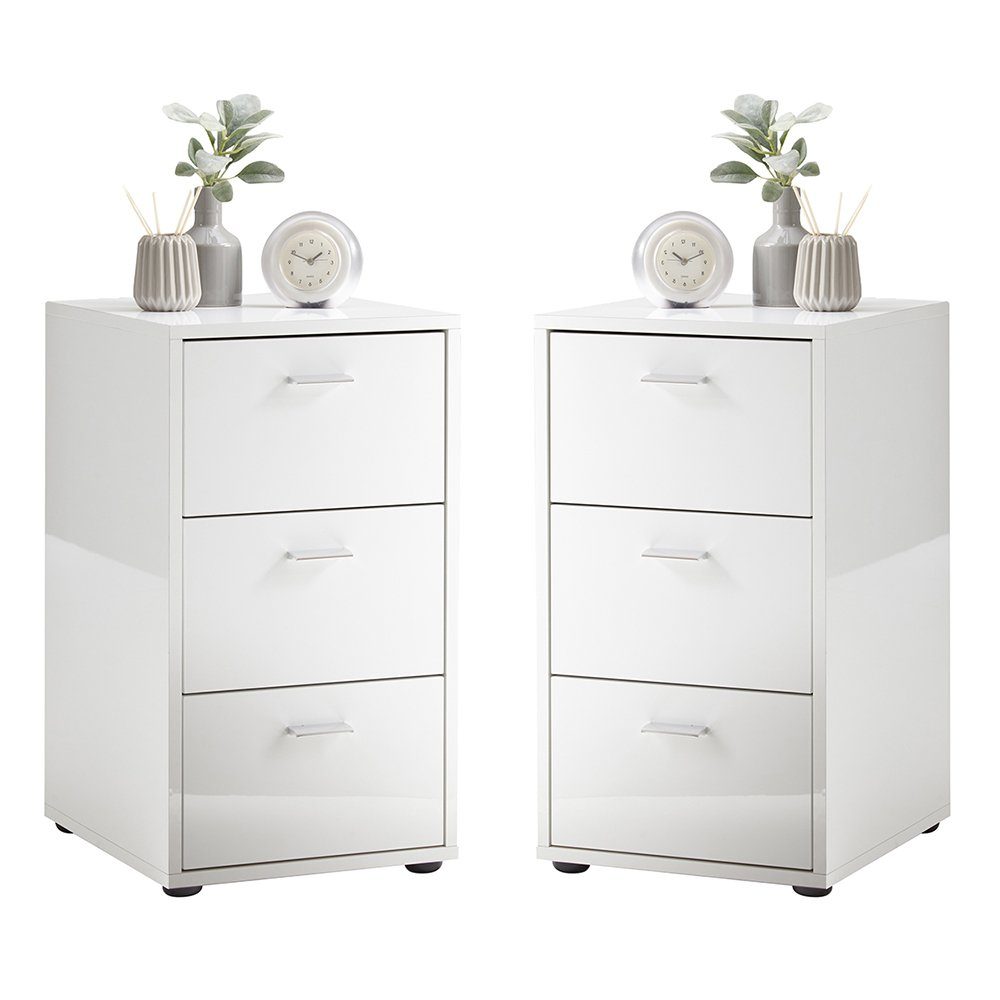 Lomadox Nachttisch VUKA-10, Nachtschrank Nachtkonsole, 2er Set, weiß Hochglanz, 35/62,4/39,9 cm