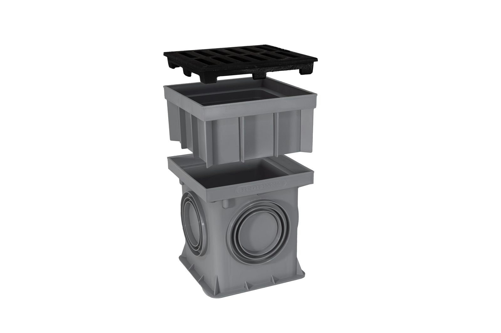 Marley Deutschland GmbH Erdschacht 200x200mm Einlaufschacht + Aufsatz + Gussrost, 20x20x20 cm, 3-St., laugen- und säurebeständig, PKW-befahrbar