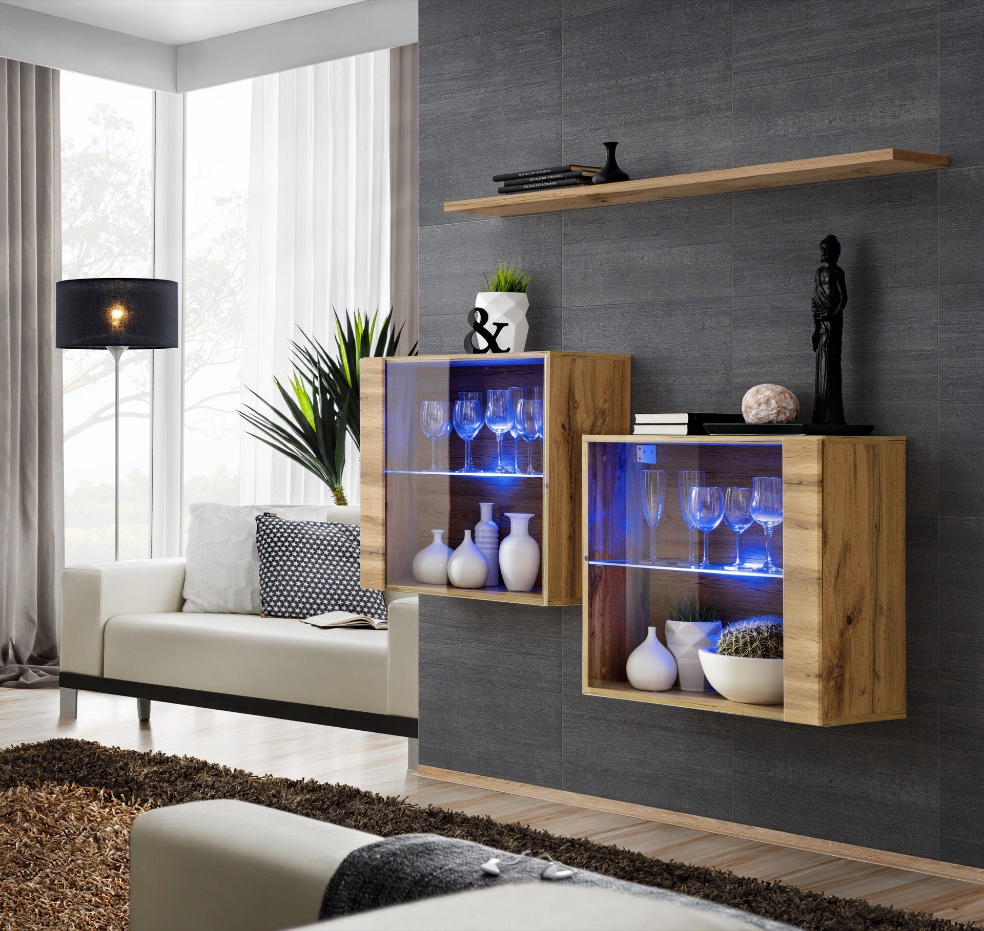 3tlg., Braun Set + 2x Vitrine Vitrine Wohnwand (3-St., Wand Wandregal), Regal JVmoebel Wohnzimmer LED beleuchtet Luxus Nur Wohnwand Hänge