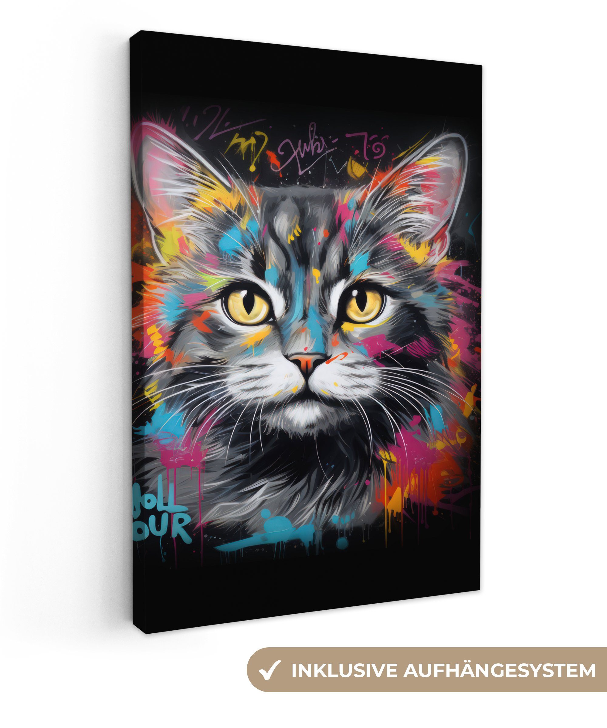 OneMillionCanvasses® Leinwandbild Katze - Graffiti - Tiere - Farben - Grau, Fotodruck (1 St), Leinwand Canvas Wandbild, Wanddekoration 20x30 cm