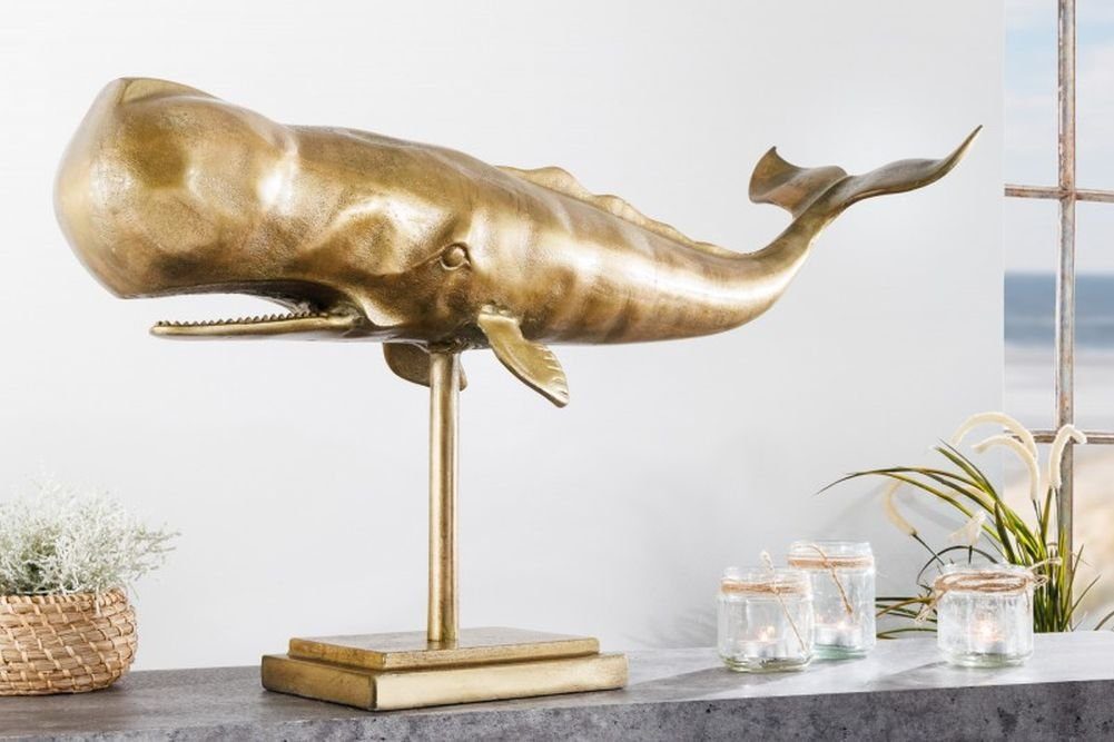 LebensWohnArt Dekoobjekt Deko-Figur Wal 70cm MOBBY gold Aluminium Maritim Skulptur