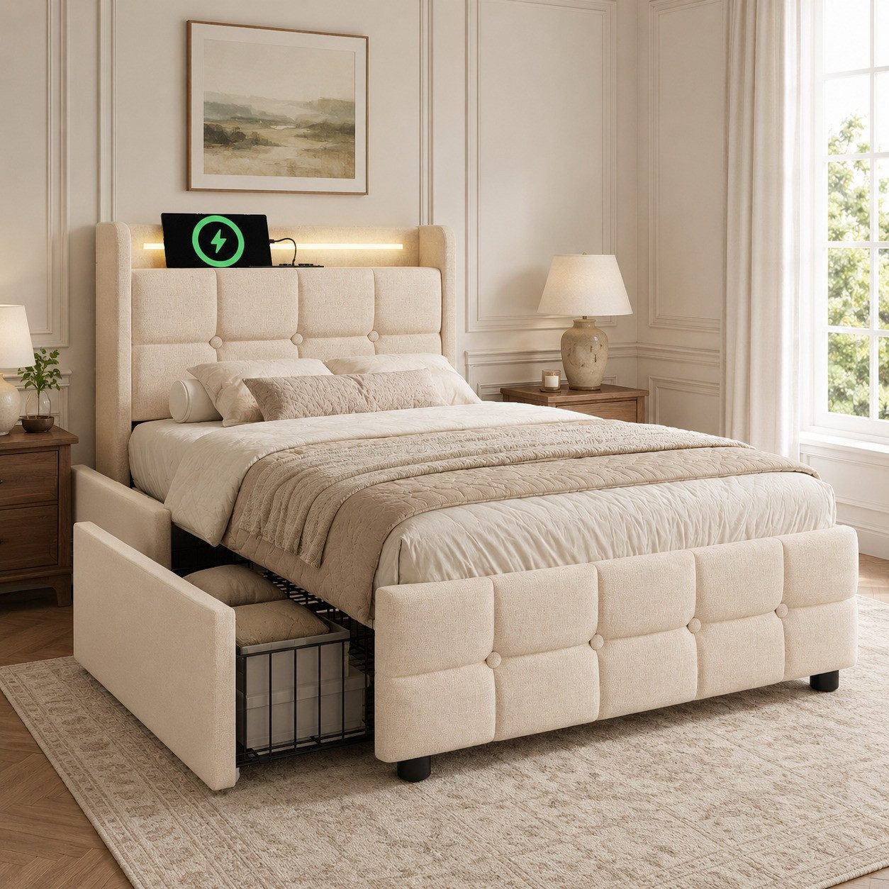 Flieks Polsterbett, LED-Beleuchtung Einzelbett 90x200cm mit Ladefunktion und 2 Schubladen